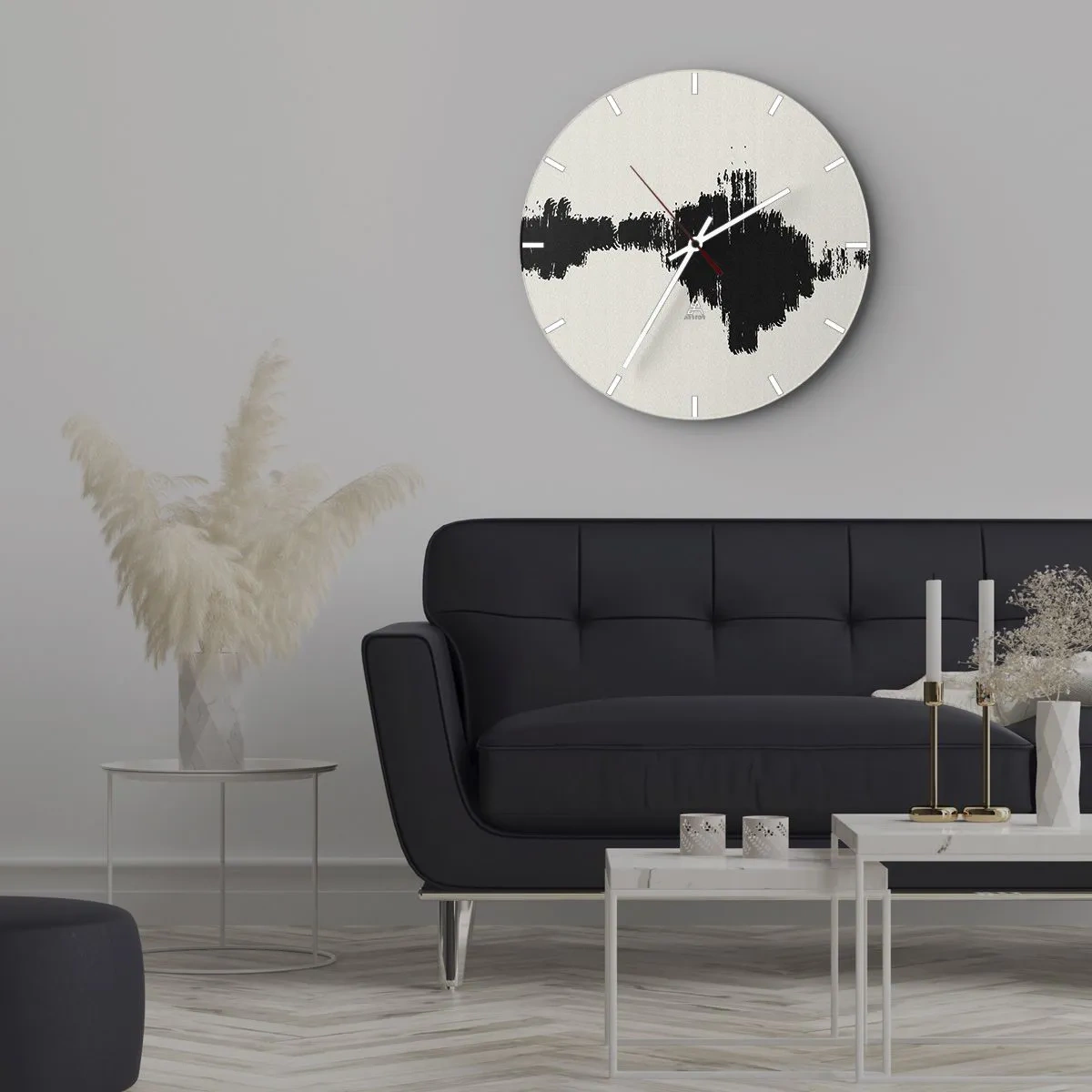 Ceas de perete - Ceas pe sticlă - Tușă de pensulă neagră pe un fundal deschis într-un stil abstract - 30x30cm - Vibrațiile imaginației - Decorațiune modernă pentru perete pentru living, bucătărie și dormitor ARTTOR