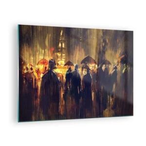Tablou pe sticlă - O mulțime cu umbrele în ploaie pe fundalul luminilor orașului - 70x50cm - Urmașii ploii - Decorațiune modernă pentru perete pentru living și dormitor ARTTOR