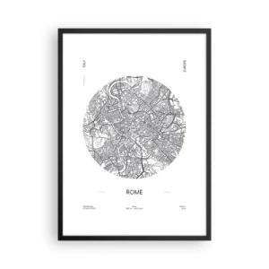 Poster în ramă neagră - O hartă minimalistă a Romei, în alb și negru. - 50x70cm - Anatomia Romei - Decorațiune modernă pentru perete pentru living și dormitor ARTTOR