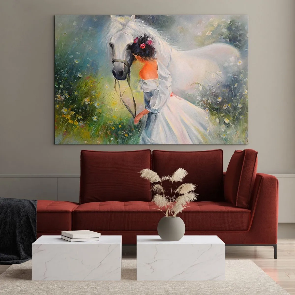 Tablou pe sticlă - O femeie într-o rochie albă cu un cal alb într-o pajiște plină de flori. - 70x50cm - Ca dintr-un vis frumos - Decorațiune modernă pentru perete pentru living și dormitor ARTTOR