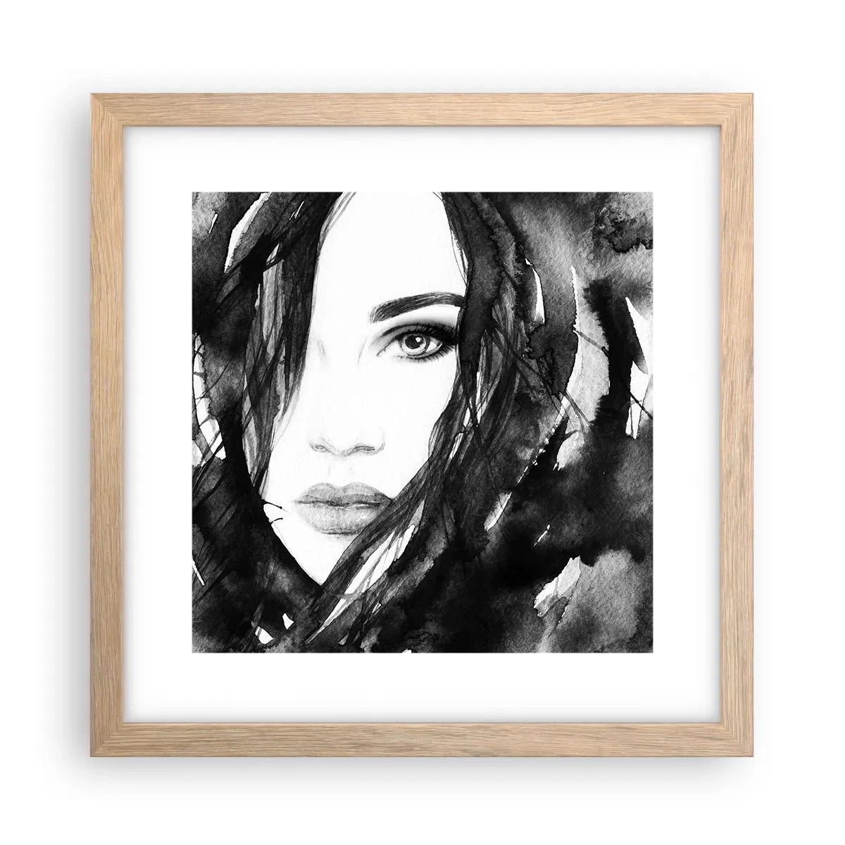 Poster în ramă de stejar deschis - Studiu unei dame în alb și negru - 30x30 cm
