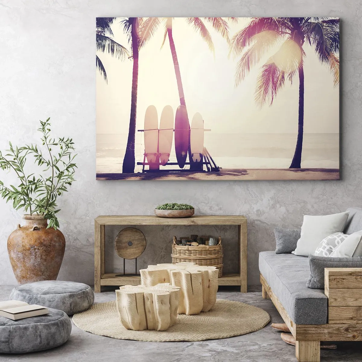 Tablou pe pânză Canvas - Palmieri și plăci de surf pe plajă, la soare - 70x50cm - Va fi o zi minunată - Decorațiune modernă pentru perete pentru living și dormitor ARTTOR
