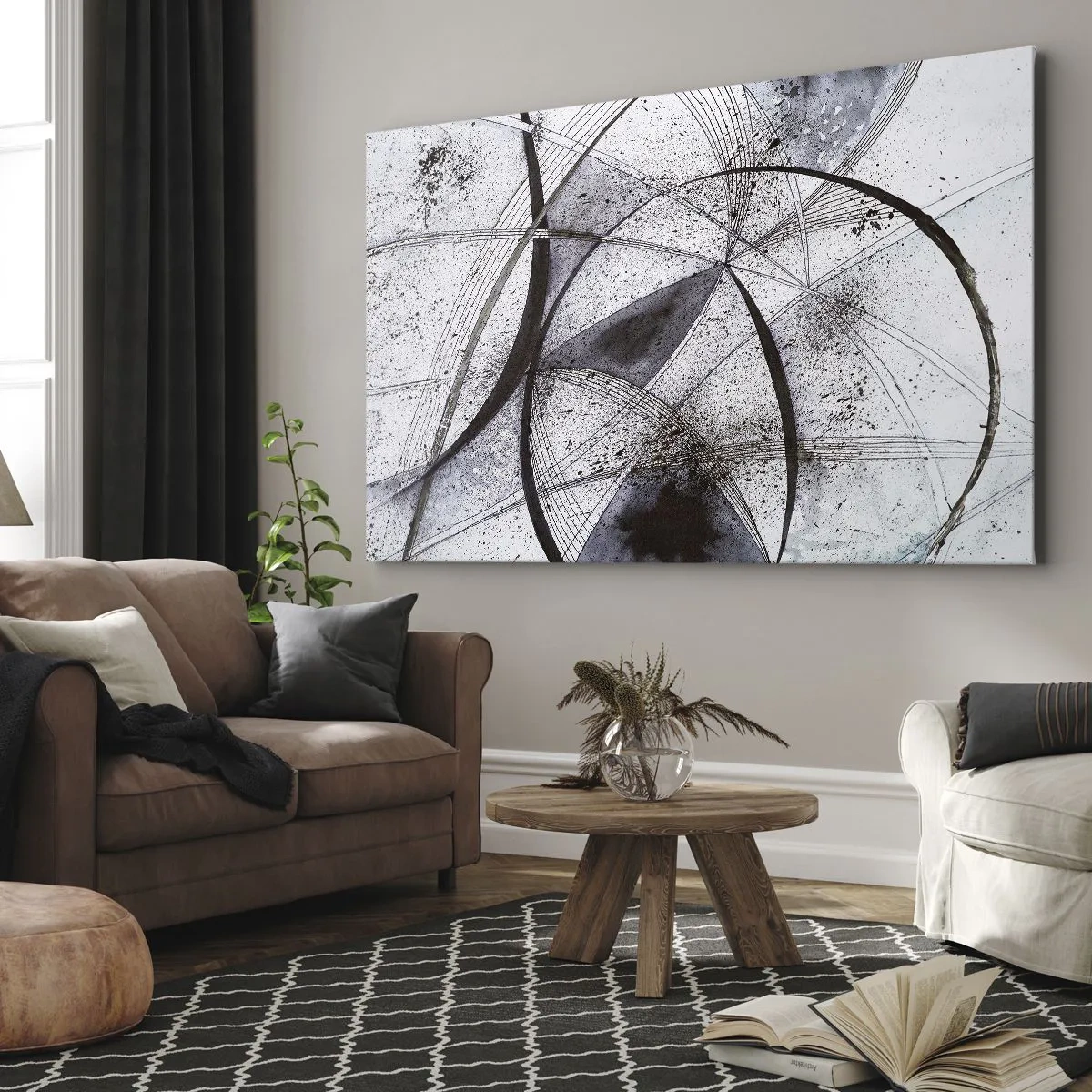 Tablou pe pânză Canvas - Linii și forme abstracte în nuanțe de gri și negru - 70x50cm - O fantezie futuristă - Decorațiune modernă pentru perete pentru living și dormitor ARTTOR