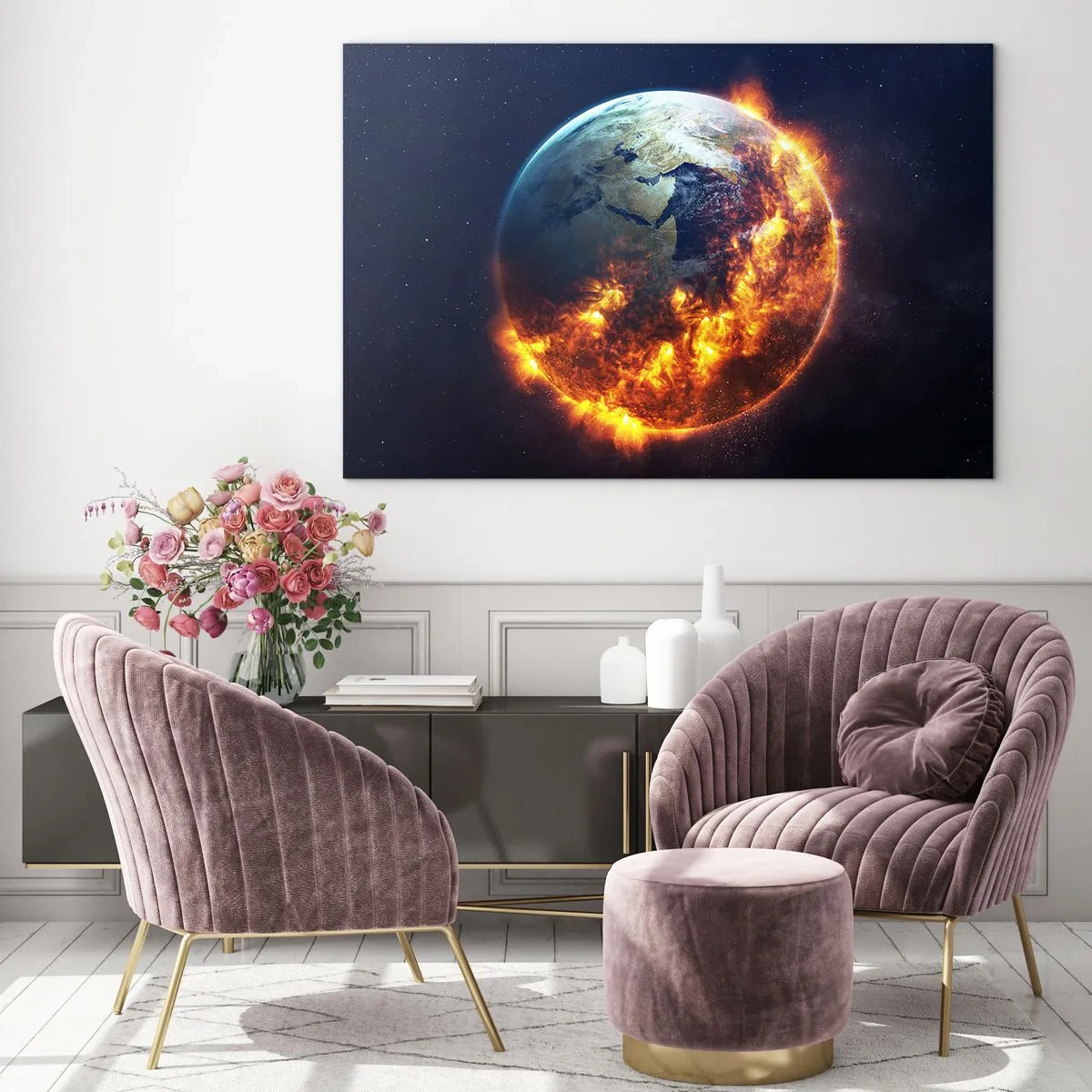 Tablou pe sticlă - Pământul înconjurat de flăcări în spațiul cosmic - 70x50cm - Flacăra apocalipsei - Decorațiune modernă pentru perete pentru living și dormitor ARTTOR