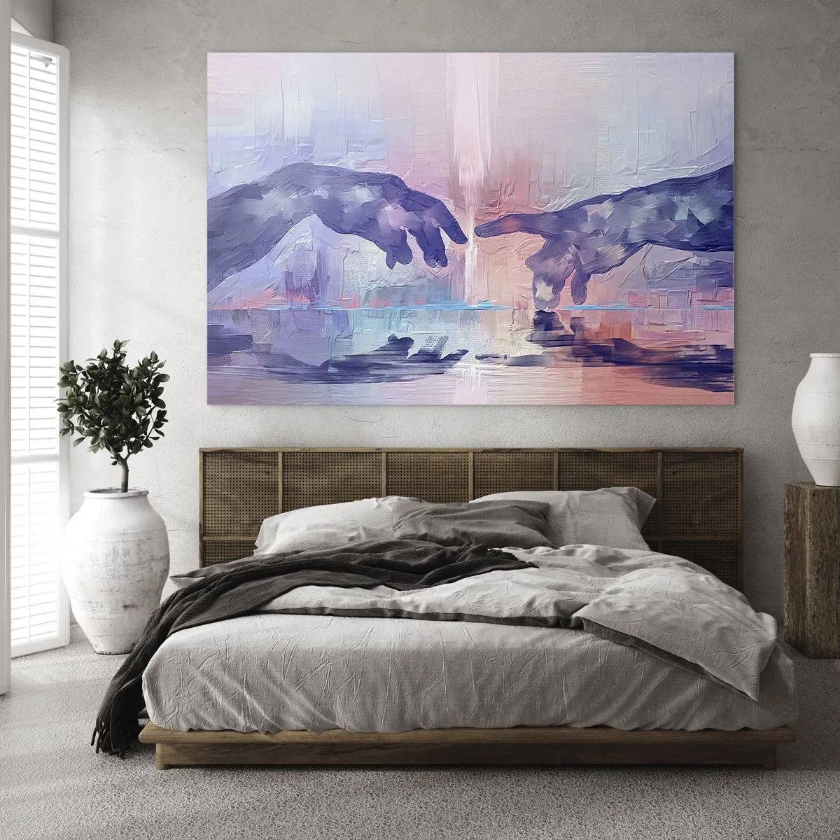 Tablou pe sticlă - Mâini abstracte apropiindu-se una de cealaltă pe un fundal pastel. - 70x50cm - Scânteia divină a vieții - Decorațiune modernă pentru perete pentru living și dormitor ARTTOR