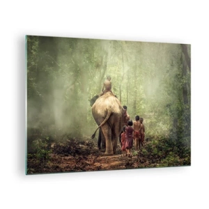 Tablou pe sticlă - Un elefant în pădure cu copii în costume tradiționale - 70x50cm - Noua Carte a Junglei - Decorațiune modernă pentru perete pentru living și dormitor ARTTOR
