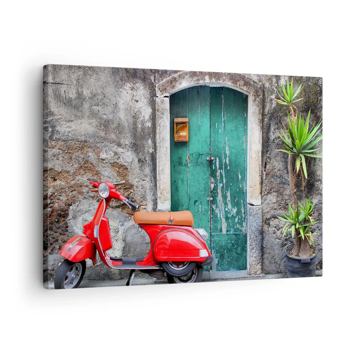 Tablou pe pânză Canvas - Scuter roșu lângă ușa verde - 70x50cm - Vacanța italiană - Decorațiune modernă pentru perete pentru living și dormitor ARTTOR