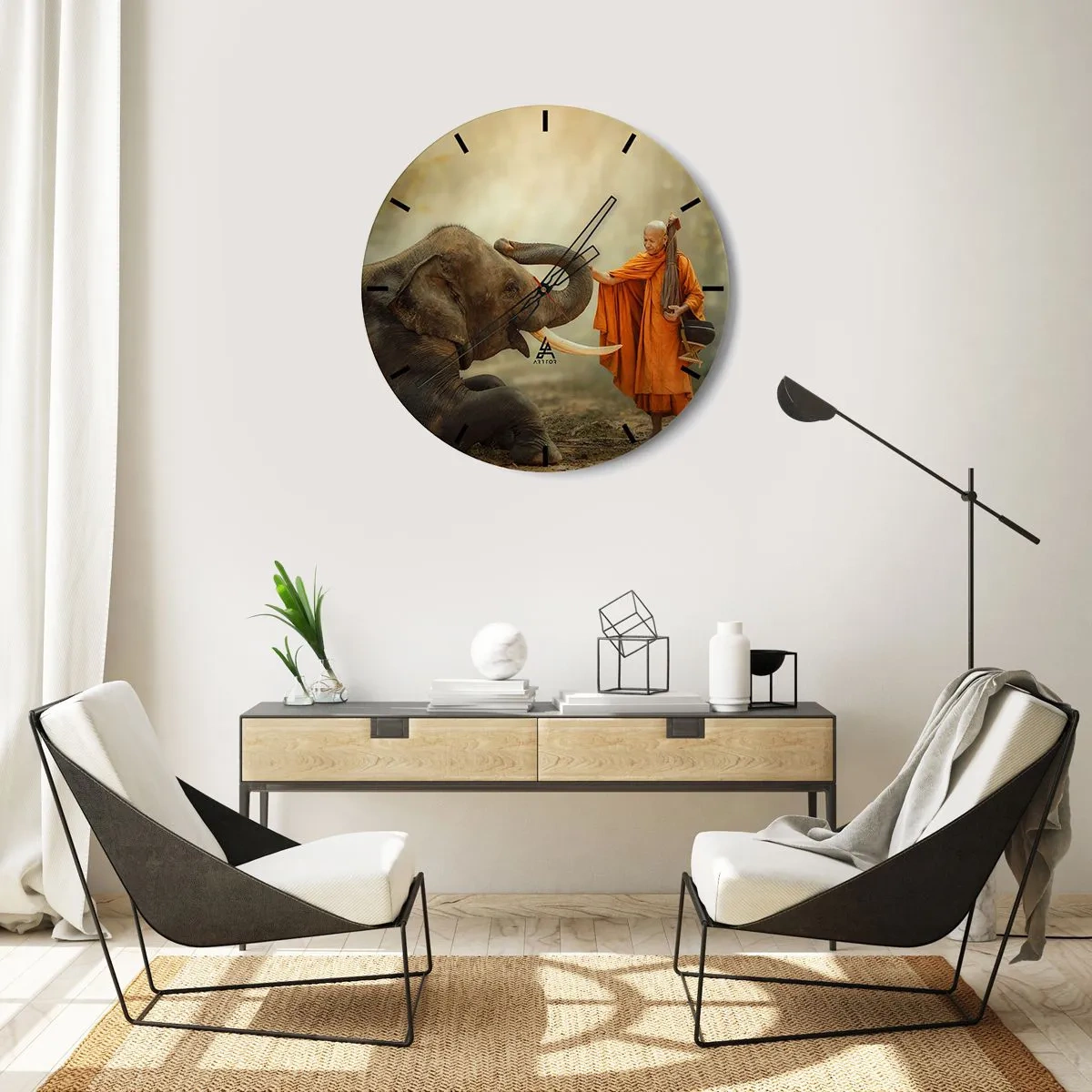 Ceas de perete - Ceas pe sticlă - Un călugăr budist și un elefant într-un cadru natural liniștit - 30x30cm - Întâlnire în călătorie - Decorațiune modernă pentru perete pentru living, bucătărie și dormitor ARTTOR