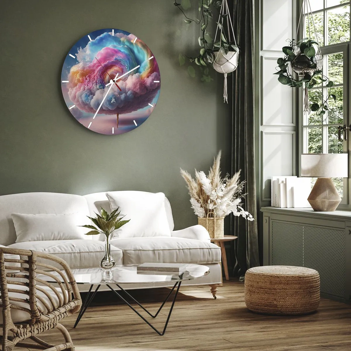 Ceas de perete - Ceas pe sticlă - Un copac nori fantastic în culori pastelate - 30x30cm - Visul unui parc de distracții - Decorațiune modernă pentru perete pentru living, bucătărie și dormitor ARTTOR