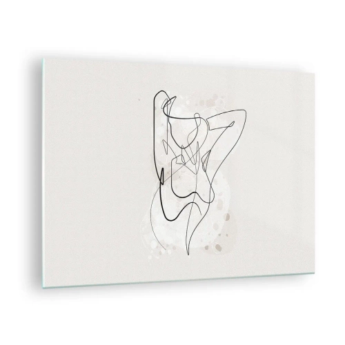 Tablou pe sticlă - O siluetă feminină desenată cu o singură linie pe un fundal deschis la culoare - 70x50cm - Arta seducției - Decorațiune modernă pentru perete pentru living și dormitor ARTTOR