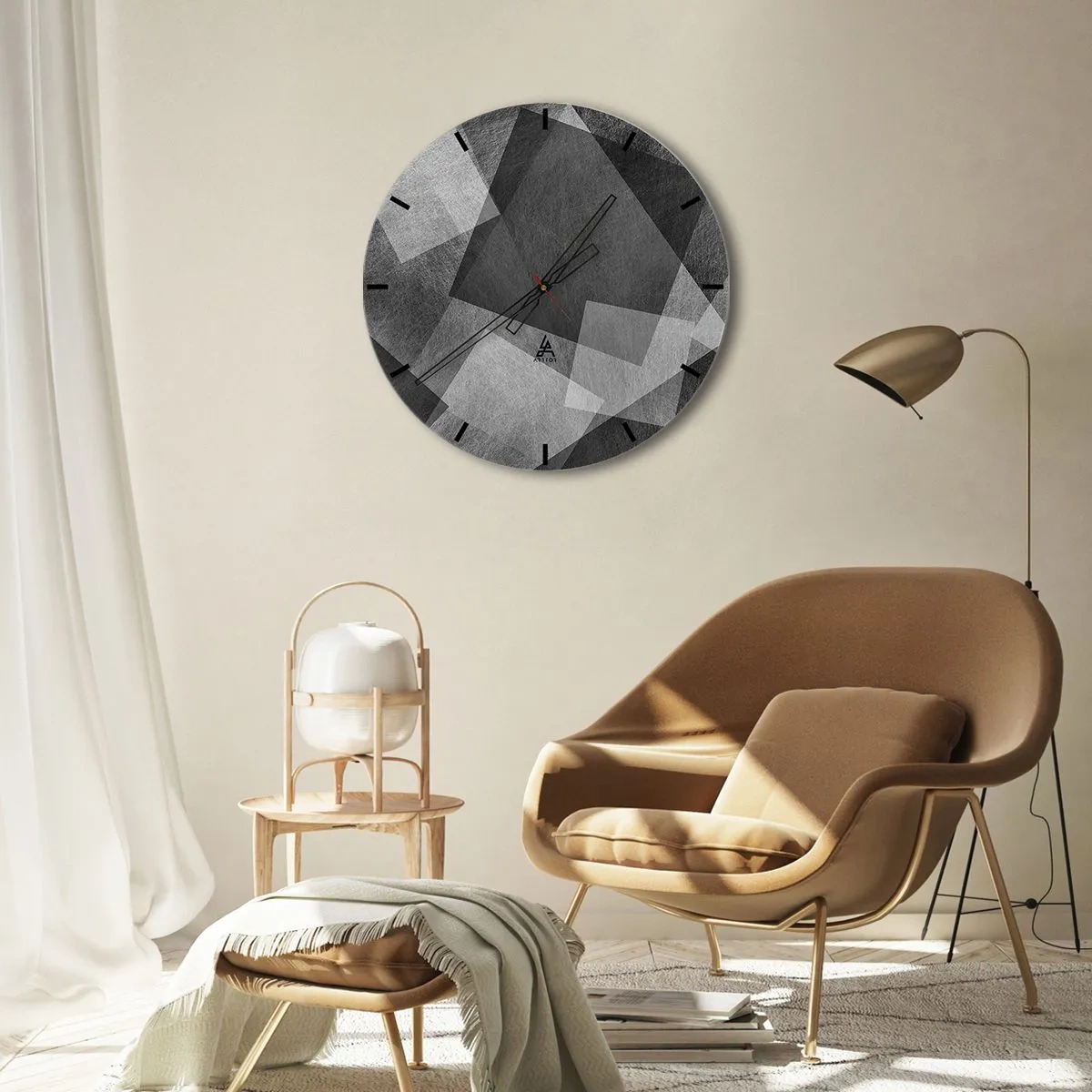 Ceas de perete - Ceas pe sticlă - Forme geometrice abstracte în nuanțe de gri - 30x30cm - Un simbol etern al permanenței și al ordinii - Decorațiune modernă pentru perete pentru living, bucătărie și dormitor ARTTOR