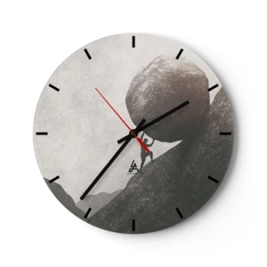 Ceas de perete - Ceas pe sticlă - O figură împingând o piatră în sus pe un cer gri - 30x30cm - Cred, în ciuda așteptărilor - Decorațiune modernă pentru perete pentru living, bucătărie și dormitor ARTTOR