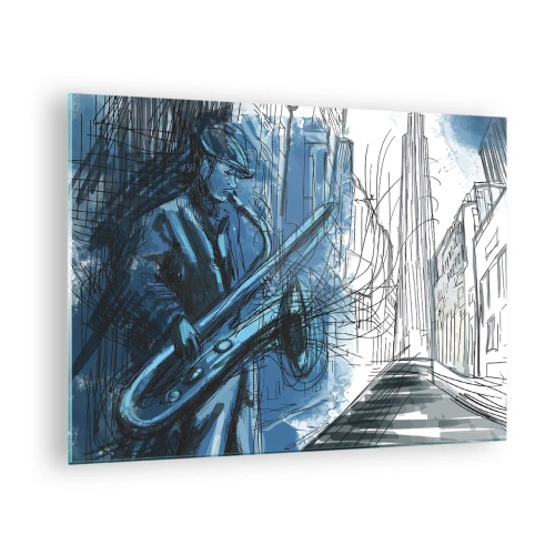 Tablou pe sticlă - Saxofonist de jazz într-un cadru urban în nuanțe de albastru - 70x50cm - Rapsodie urbană - Decorațiune modernă pentru perete pentru living și dormitor ARTTOR