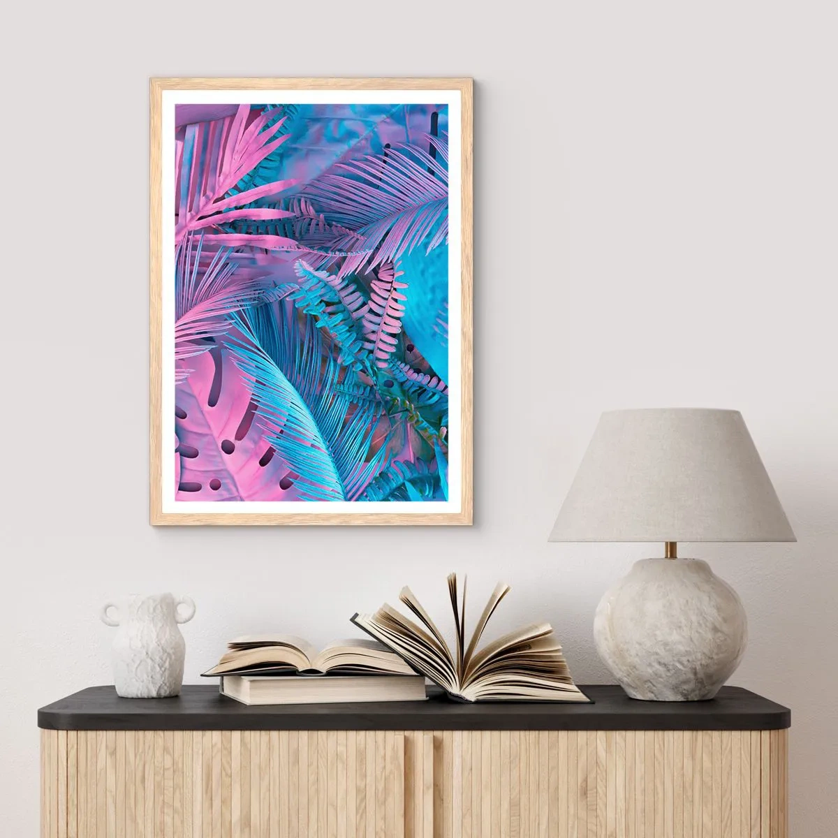 Poster în ramă de stejar deschis - Palmieri în alb și albastru - 61x91 cm
