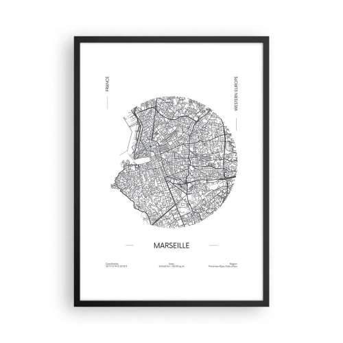 Poster în ramă neagră - Hartă minimalistă a Marsiliei într-un cerc - 50x70cm - Anatomia Marsiliei - Decorațiune modernă pentru perete pentru living și dormitor ARTTOR