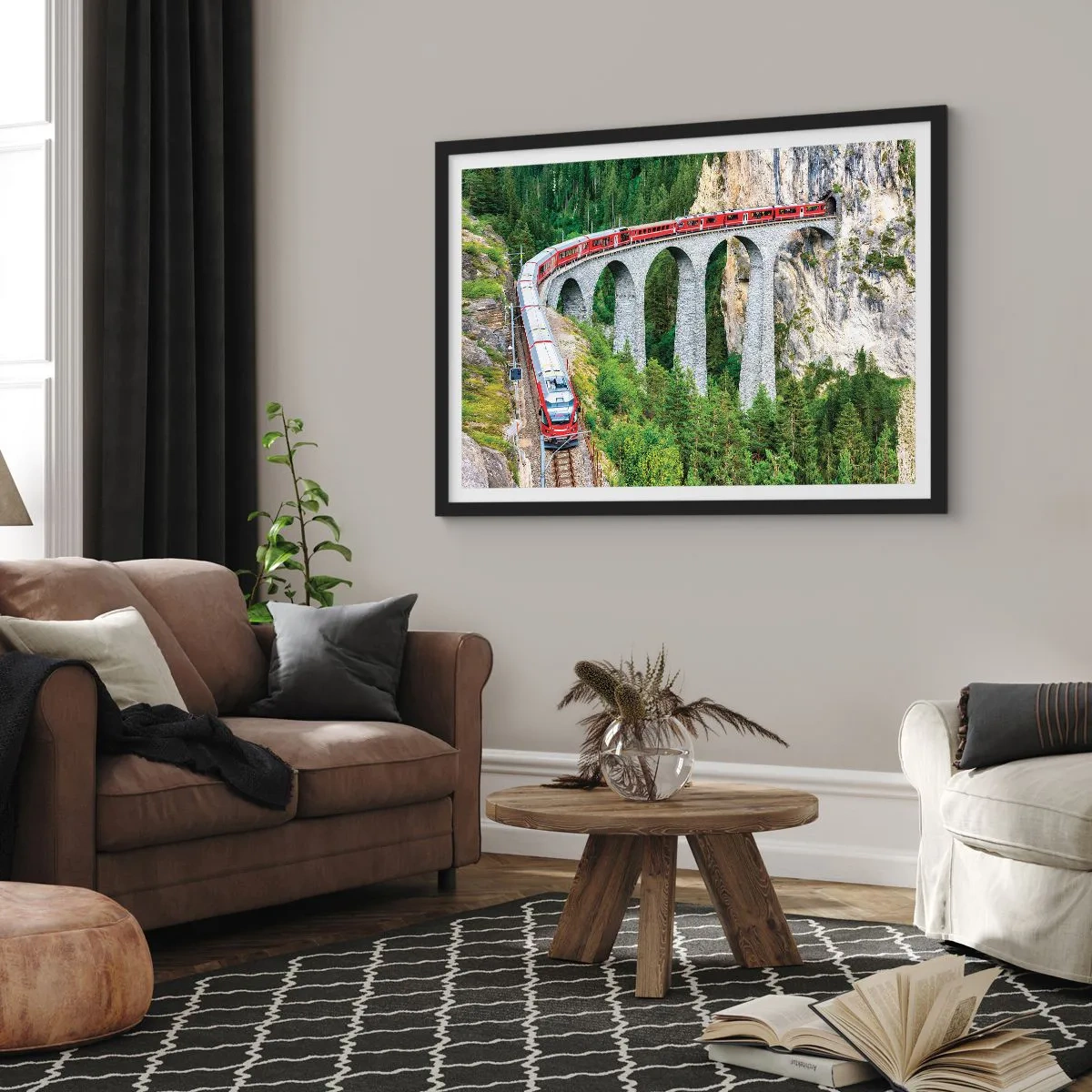 Poster în ramă neagră - Cu trenul prin munți - 91x61 cm