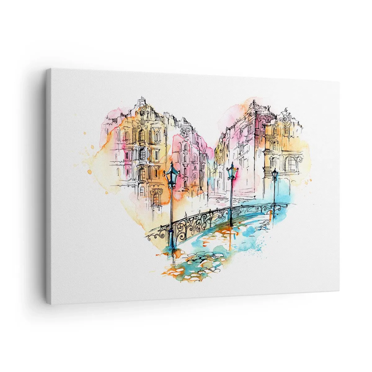 Tablou pe pânză Canvas - Acuarelă cu un pod și case de locuit în formă de inimă - 70x50cm - Inima orașului - Decorațiune modernă pentru perete pentru living și dormitor ARTTOR