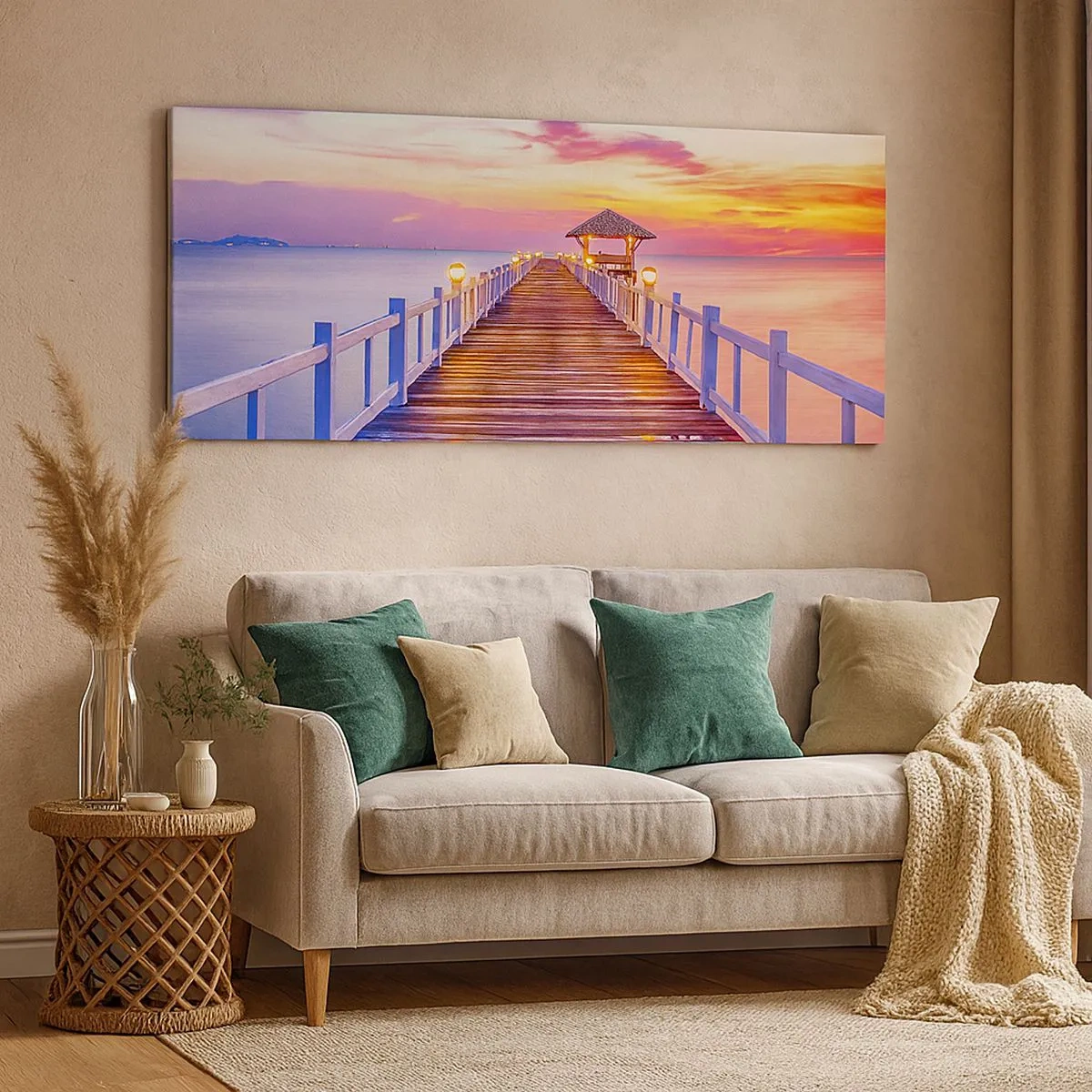 Tablou pe pânză - Tăcerea serii în liliac-auriu - 100x40 cm