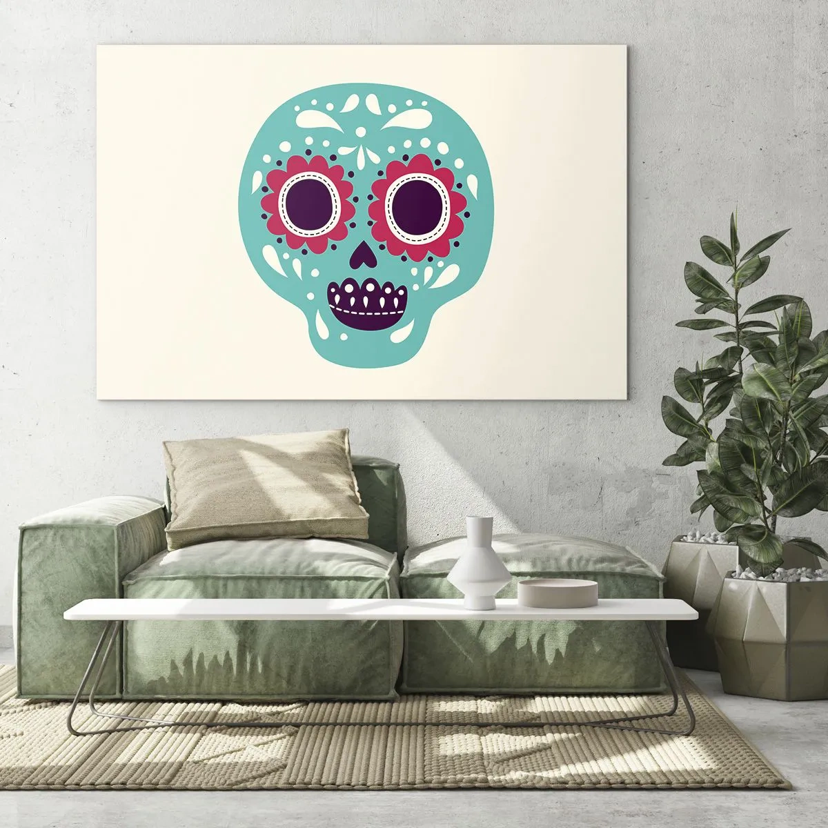 Tablou pe sticlă - Un craniu colorat decorat cu modele pe un fundal deschis - 70x50cm - Viața - distracție până la moarte - Decorațiune modernă pentru perete pentru living și dormitor ARTTOR