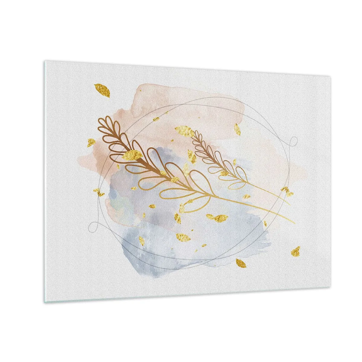 Tablou pe sticlă - O compoziție delicată cu crenguțe și frunze aurii în acuarelă - 70x50cm - Suflul de aur - Decorațiune modernă pentru perete pentru living și dormitor ARTTOR