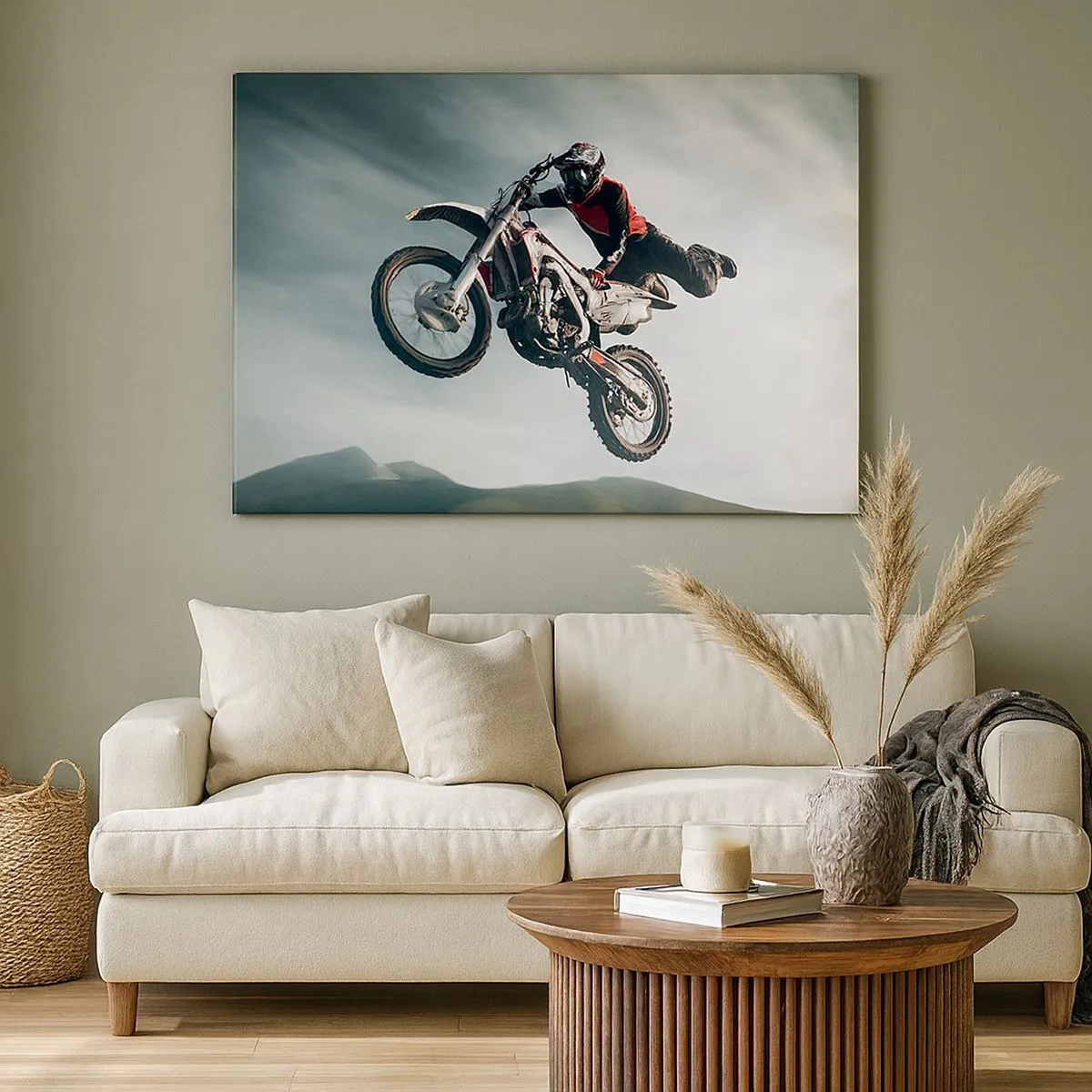 Tablou pe pânză Canvas - Motociclist în aer în timpul unei sărituri - 70x50cm - Nu există distracție fără risc - Decorațiune modernă pentru perete pentru living și dormitor ARTTOR