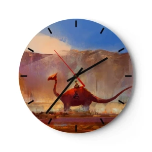 Ceas de perete - Ceas pe sticlă - Un peisaj fantastic cu un dinozaur pe fundalul munților - 30x30cm - Dacă nu ar fi dispărut - Decorațiune modernă pentru perete pentru living, bucătărie și dormitor ARTTOR