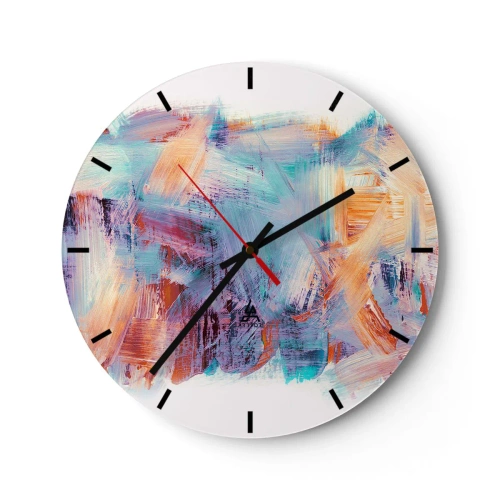 Ceas de perete - Ceas pe sticlă - Pensule dinamice în culori vibrante - 30x30cm - O dezordine colorată - Decorațiune modernă pentru perete pentru living, bucătărie și dormitor ARTTOR
