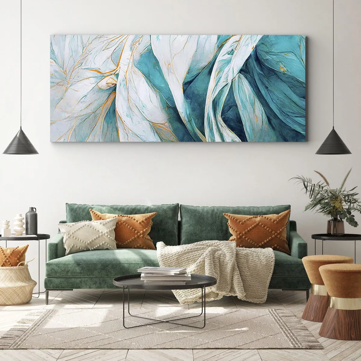 Tablou pe pânză - Abstractul albastru cu motiv auriu - 100x40 cm