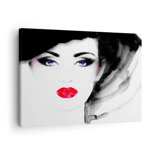Tablou pe pânză Canvas - Portretul unei femei cu buze roșii și ochi albaștri intensi - 70x50cm - Respinge și cheamă - Decorațiune modernă pentru perete pentru living și dormitor ARTTOR