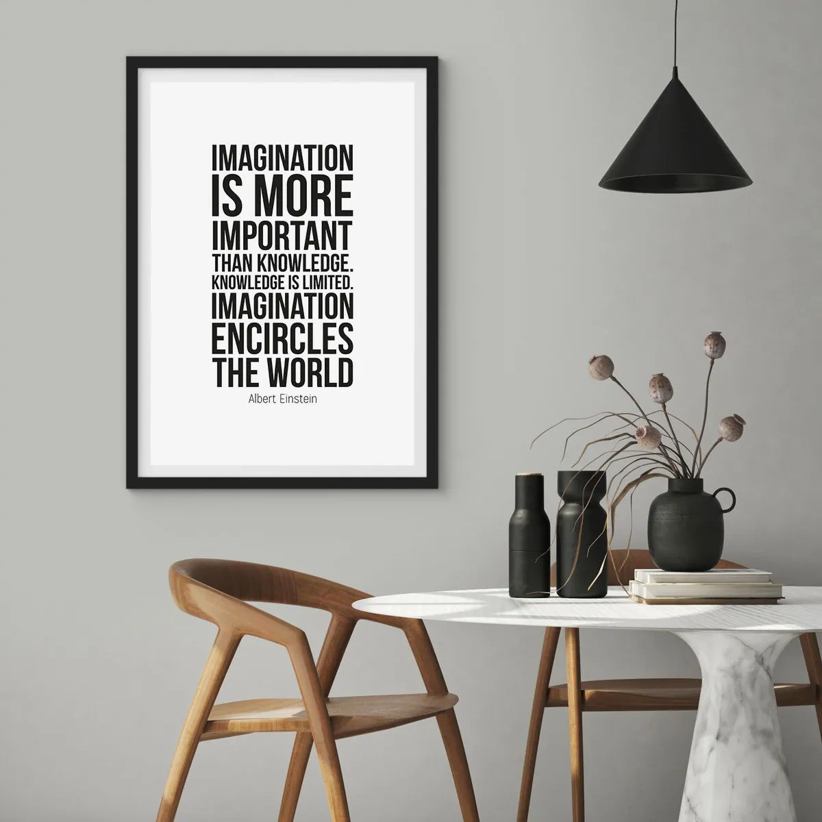Poster în ramă neagră - Un citat despre imaginație pe fundal alb - 50x70cm - Einstein despre puterea imaginației - Decorațiune modernă pentru perete pentru living și dormitor ARTTOR