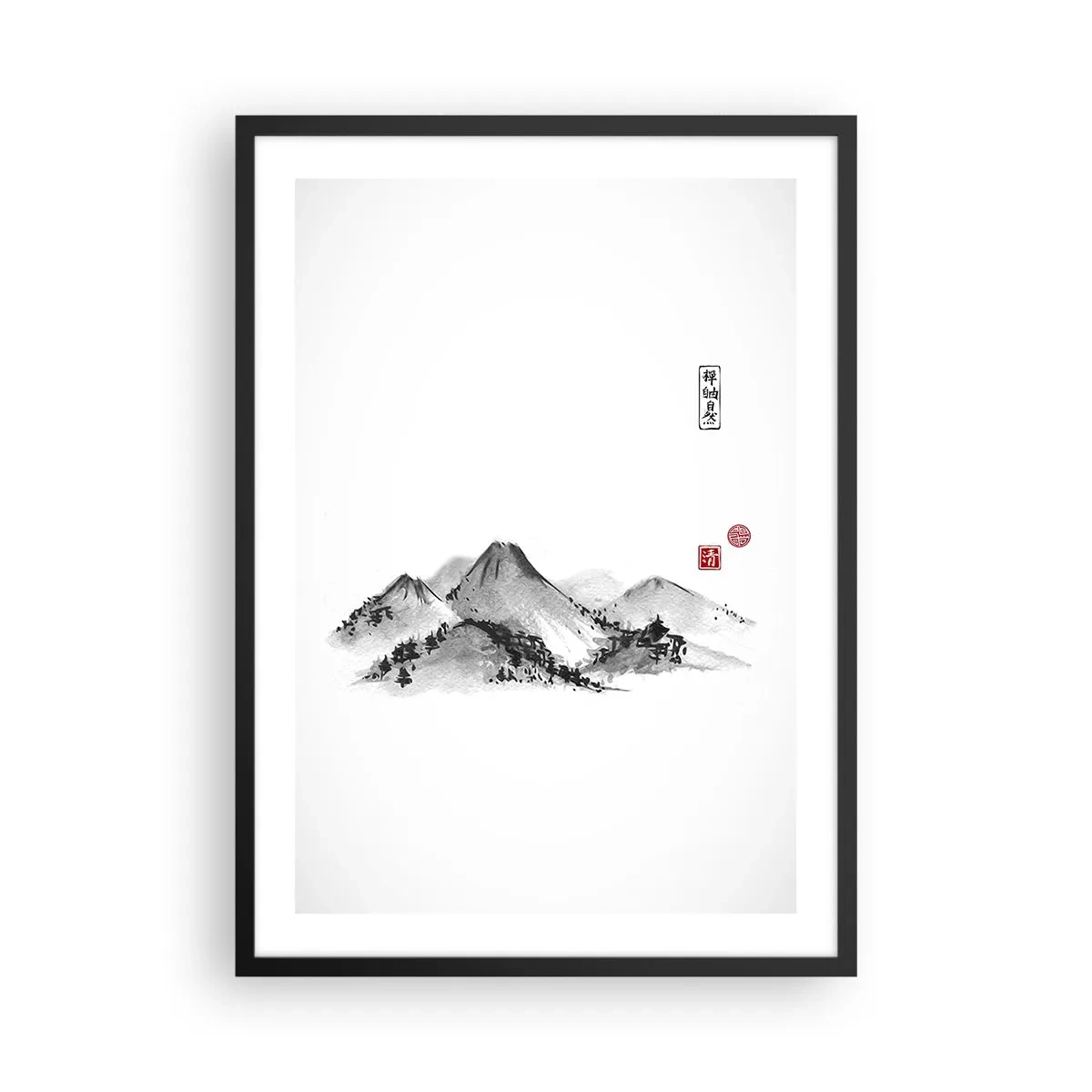 Poster în ramă neagră - Un peisaj montan minimalist în stil japonez - 50x70cm - Dincolo de dealuri - Decorațiune modernă pentru perete pentru living și dormitor ARTTOR