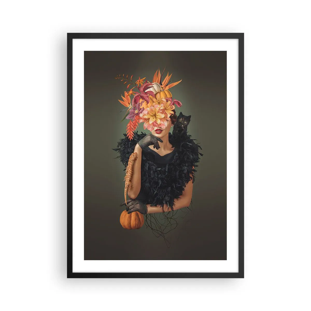 Poster în ramă neagră - Portret artistic al unei femei cu flori, un dovleac și o pisică neagră. - 50x70cm - Magia vrăjitoarei - Decorațiune modernă pentru perete pentru living și dormitor ARTTOR