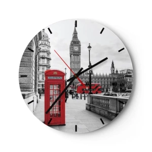 Ceas de perete - Ceas pe sticlă - Big Ben și o cabină telefonică roșie pe fundalul Londrei - 30x30cm - Fără îndoială, Londra - Decorațiune modernă pentru perete pentru living, bucătărie și dormitor ARTTOR