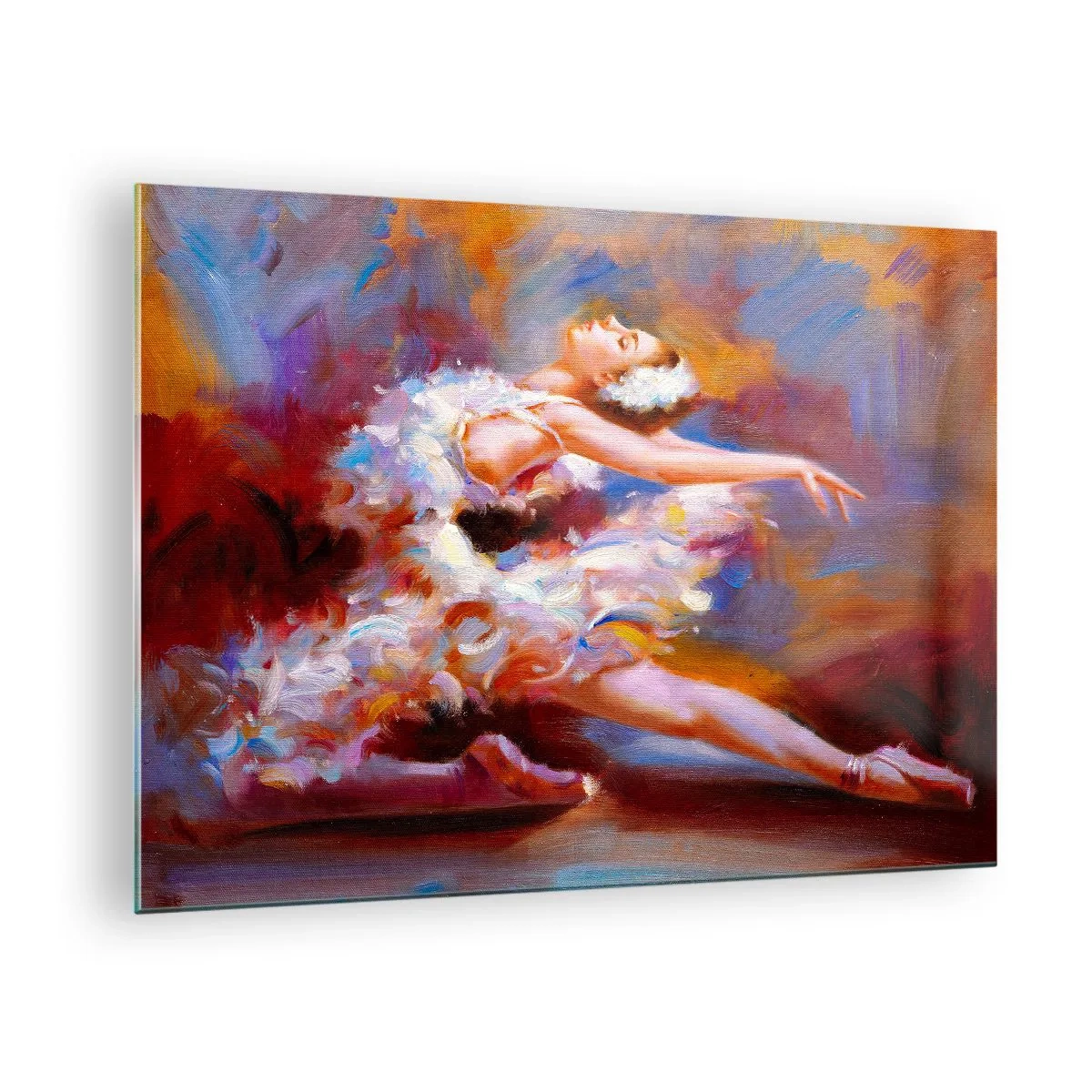 Tablou pe sticlă - O balerină într-o poză dinamică pe un fundal de culori abstracte. - 70x50cm - Harul lebedei - Decorațiune modernă pentru perete pentru living și dormitor ARTTOR