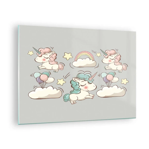 Tablou pe sticlă - Unicorni drăguți în nori cu curcubeu și baloane - 70x50cm - Există cu siguranță... - Decorațiune modernă pentru perete pentru living și dormitor ARTTOR