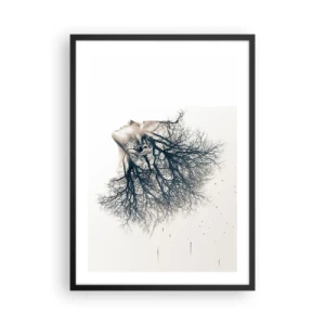 Poster în ramă neagră - Fața unei femei cu crengi care formează părul într-un stil suprarealist. - 50x70cm - Ascultând șoapta copacului - Decorațiune modernă pentru perete pentru living și dormitor ARTTOR