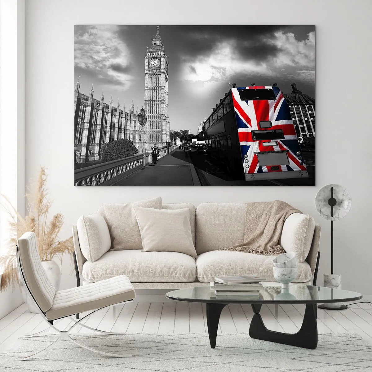 Tablou pe sticlă - Big Ben și un autobuz cu steag britanic - 70x50cm - Mândru și mare - Decorațiune modernă pentru perete pentru living și dormitor ARTTOR