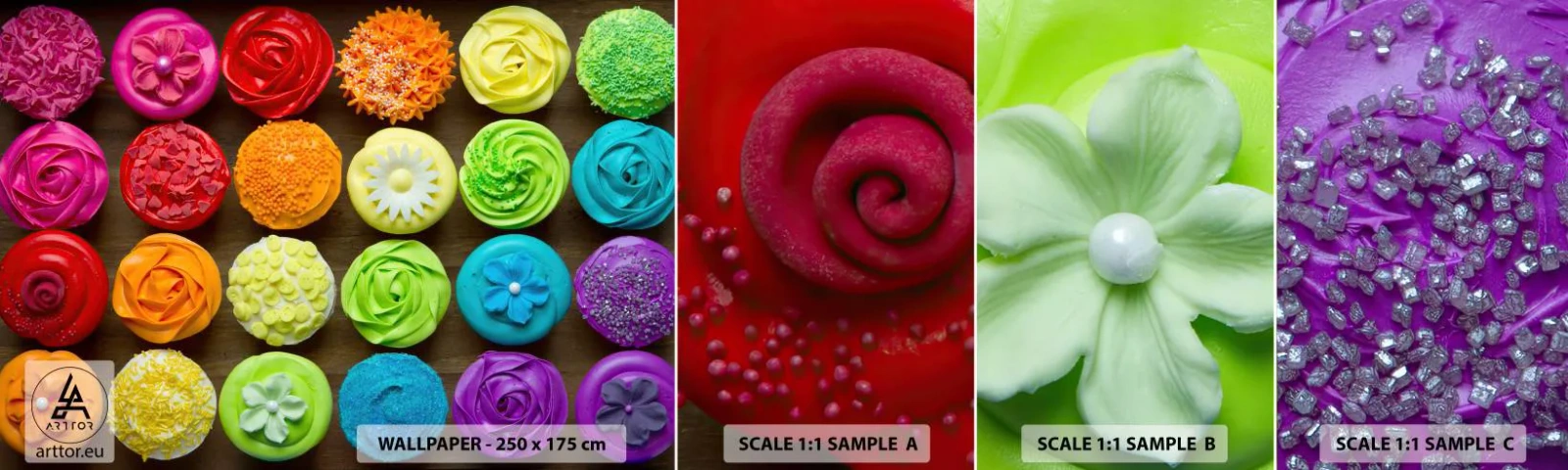 Mostră de Tapet Standard Eco - Fiecare diferită - toate delicioase - Gastronomie, fursecuri colorate, 3D - 100x30 cm