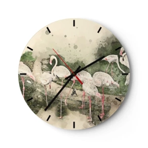 Ceas de perete - Ceas pe sticlă - Un stol de flamingo într-un cadru tropical liniștit - 30x30cm - Un vis exotic - Decorațiune modernă pentru perete pentru living, bucătărie și dormitor ARTTOR