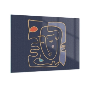 Tablou pe sticlă - Față abstractă în contur pe un fundal albastru marin - 70x50cm - În reverie - Decorațiune modernă pentru perete pentru living și dormitor ARTTOR