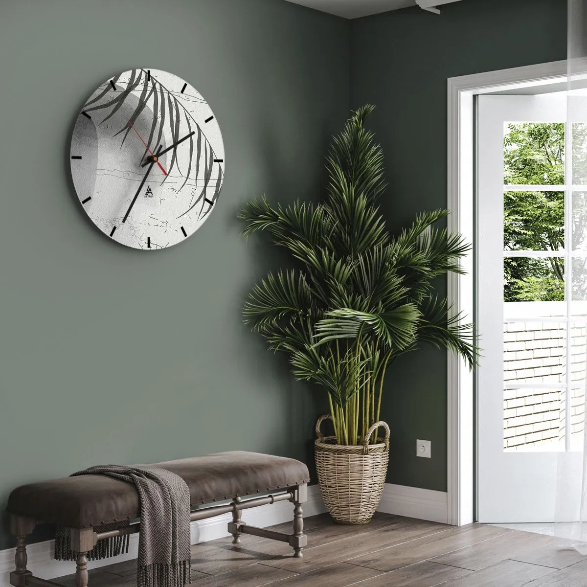 Ceas de perete - Ceas pe sticlă - Palmier alb-negru cu umbră de lună pe fundal de beton - 30x30cm - Exotismul subtil al naturii - Decorațiune modernă pentru perete pentru living, bucătărie și dormitor ARTTOR