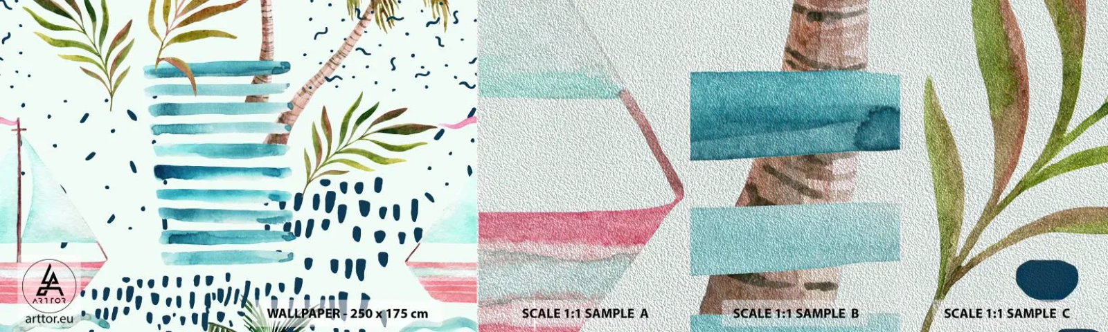 Mostră tapet Premium Sand - Vacanță sub palmieri - Acuarele, Palmier de nuca de cocos, Barcă cu pânze - 100x30 cm