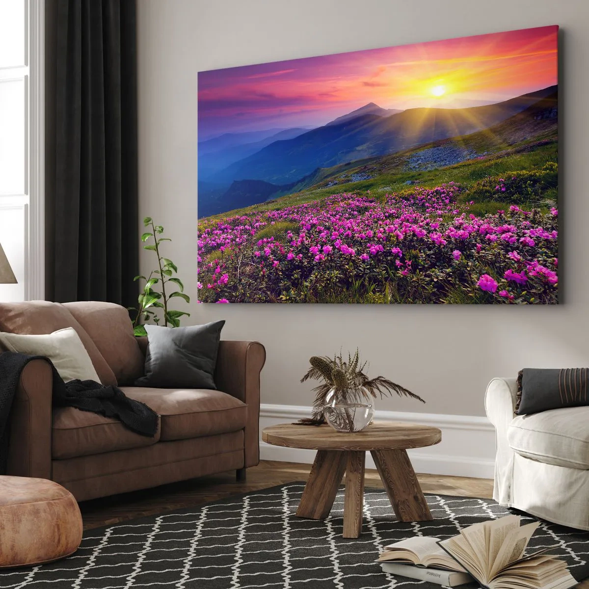 Tablou pe pânză Canvas - O pajiște înflorită cu vedere la munți în timpul apusului - 70x50cm - ... Și peste tot în jur se simte un miros de jneapăn și parfum de ierburi... - Decorațiune modernă pentru perete pentru living și dormitor ARTTOR