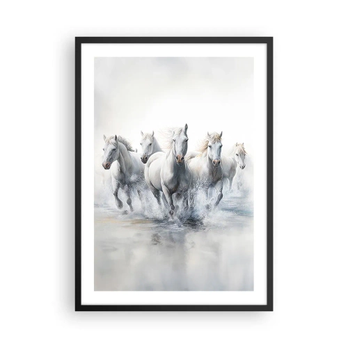 Poster în ramă neagră - Cai albi galopând prin apă într-un cadru dinamic - 50x70cm - Magie albă - Decorațiune modernă pentru perete pentru living și dormitor ARTTOR