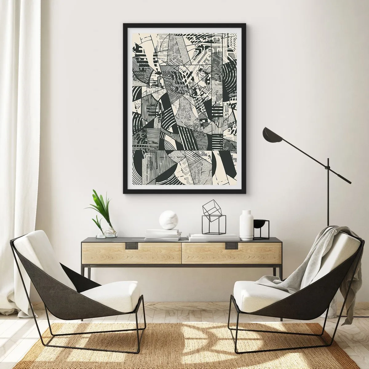 Poster în ramă neagră - Modele geometrice abstracte alb-negru - 50x70cm - Dinamica de astăzi - Decorațiune modernă pentru perete pentru living și dormitor ARTTOR