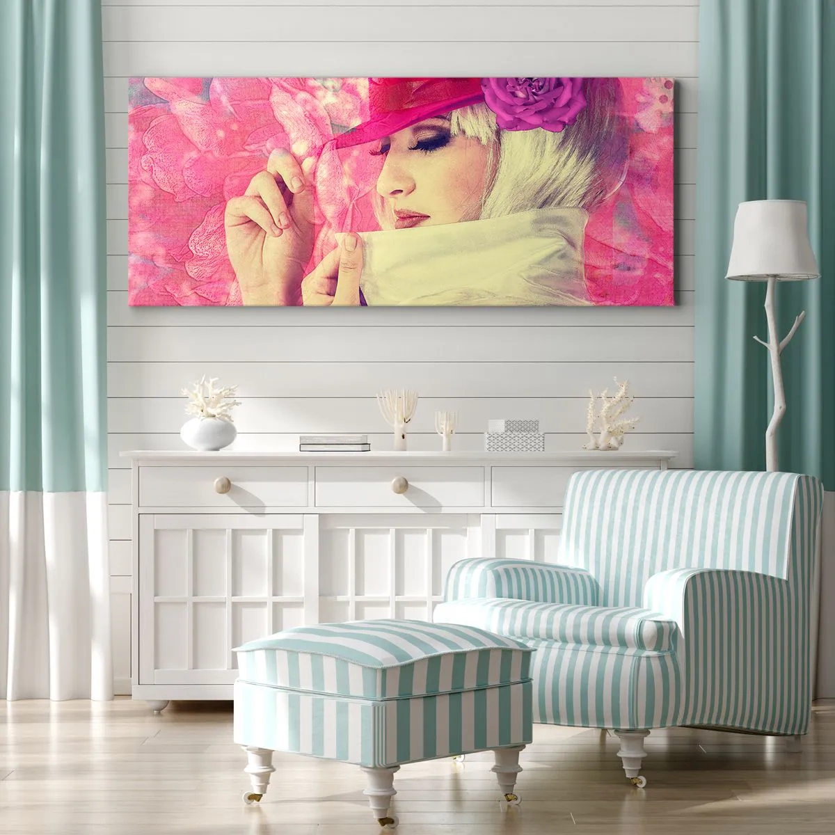 Tablou pe pânză - Portret retro în roz - 120x50 cm