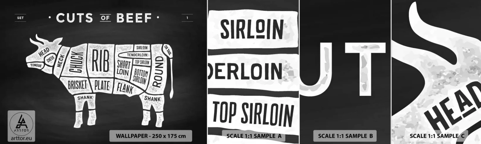 Mostră de Tapet Standard Eco - Abecedar de măcelar - Gastronomie, Taur, Vită - 100x30 cm