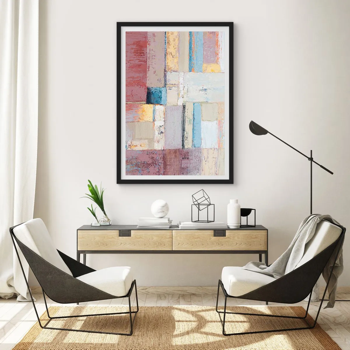 Poster în ramă neagră - Compoziție geometrică abstractă în culori pastelate - 50x70cm - Liniștea geometriei - Decorațiune modernă pentru perete pentru living și dormitor ARTTOR