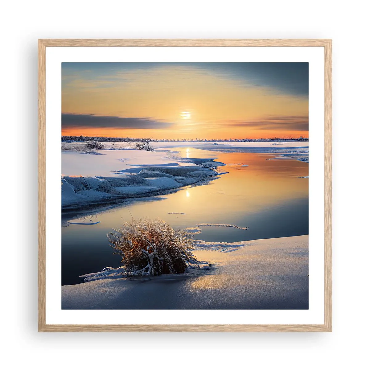 Poster în ramă de stejar deschis - Apus de soare pe timp de iarnă - 60x60 cm