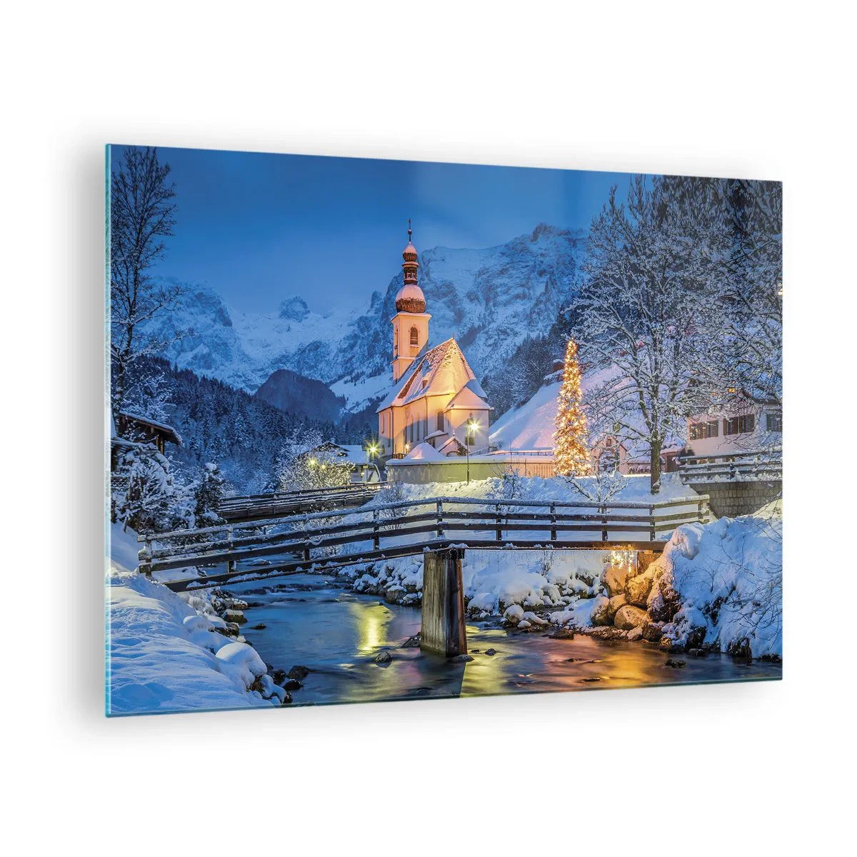 Tablou pe sticlă - Peisaj de Crăciun într-un cadru de iarnă - 70x50cm - Spiritul Crăciunului - Decorațiune modernă pentru perete pentru living și dormitor ARTTOR